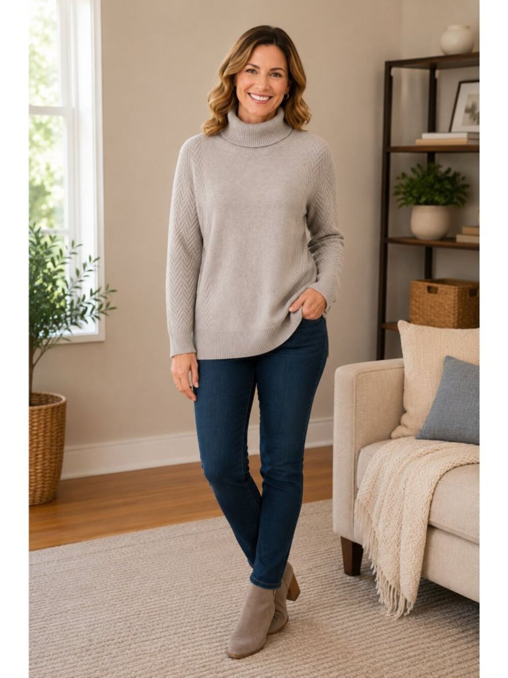 Orvis Cashmere Turtleneck Chevron Light Brown Tan Sweater SZ S